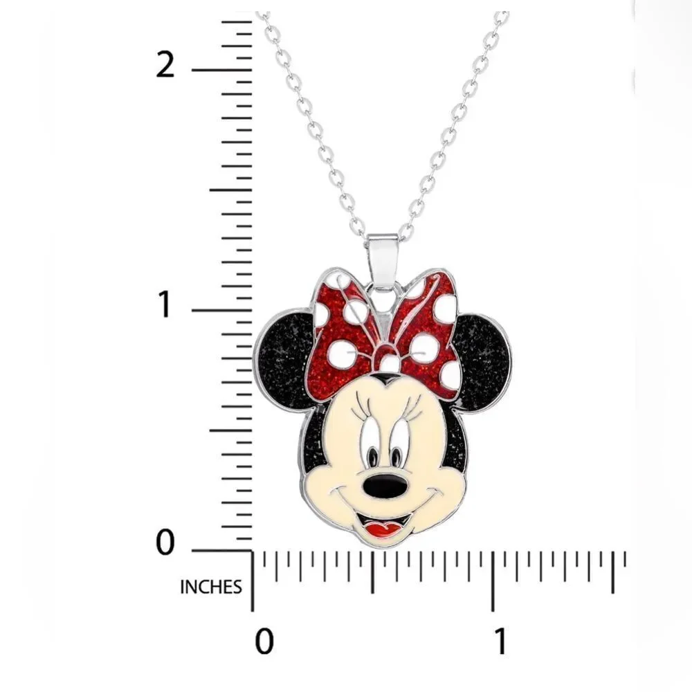 Disney Minnie Mouse Silver Tone Glitter Bow Pendant Adjustable 16” Necklace